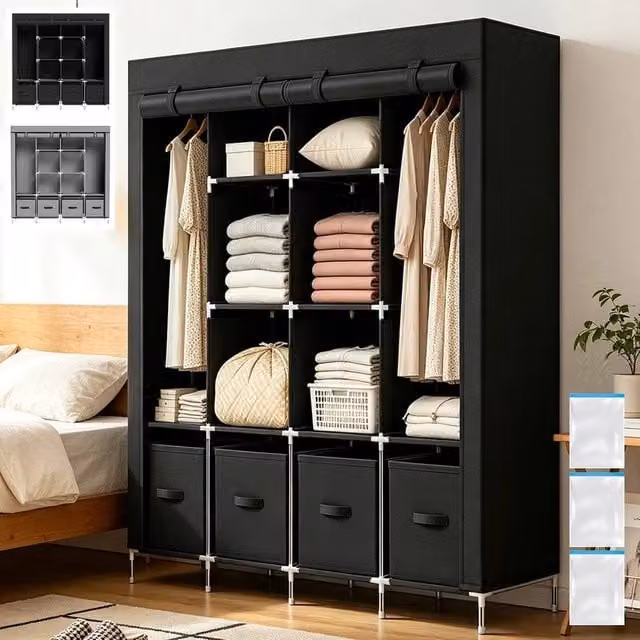 FORGEVIO Black Fabric and Metal Freestanding Wardrobe with Roll Shutter, Hanging Rail and Integrated Drawers