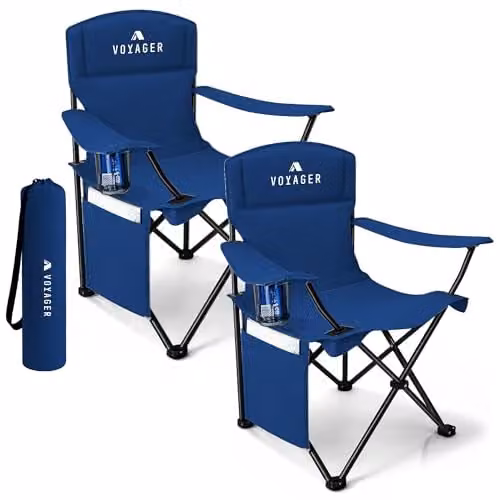 Voyager 2-Pack Lightweight Folding Camping Chairs with Cup Holders and Pockets, Blue – 1