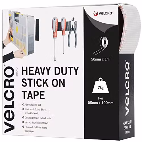 VELCRO Brand Heavy Duty Stick On Double Sided Hook and Loop Self Adhesive Tape, White, Width: 5 cm, Length: 1 m – 1