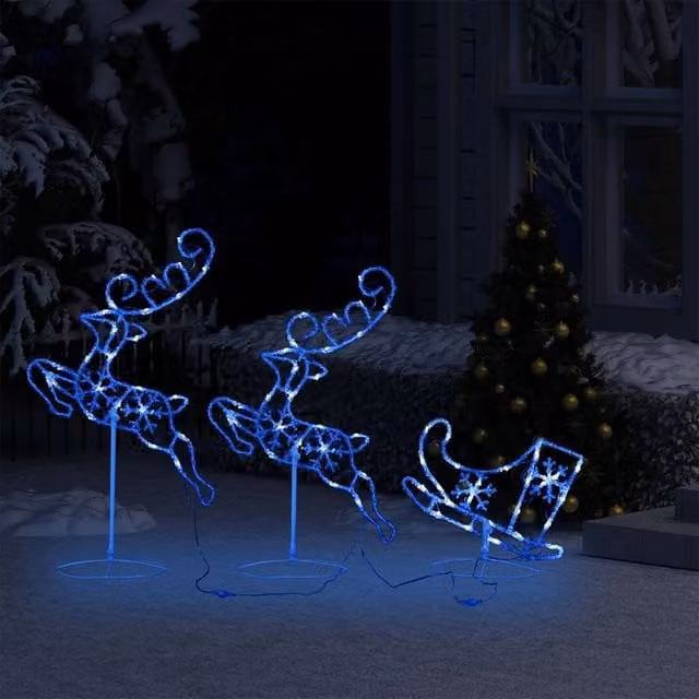 Berkfield Home Blue Acrylic Christmas Flying Reindeer and Sleigh with LED Lights W/D/H: 260 x 21 x 87 cm