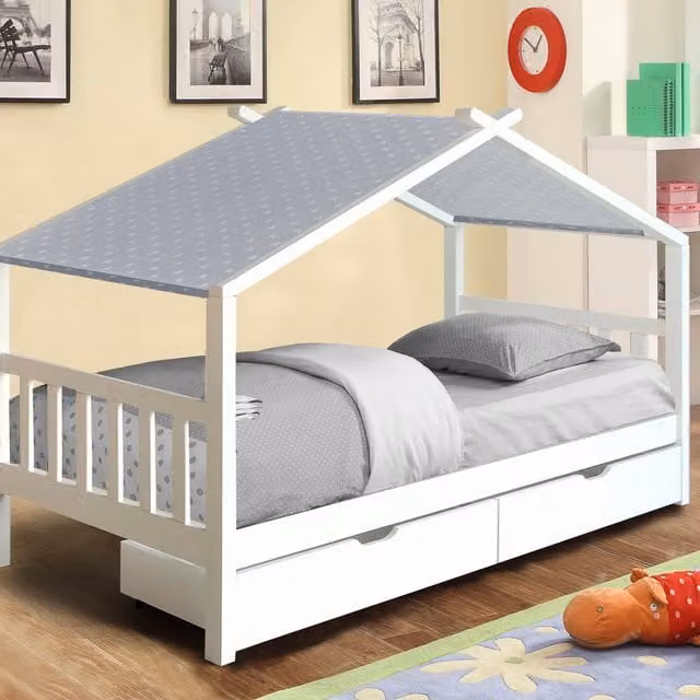 Comfy Living Childrens Solid Wood House Storage Bed with Drawers and Fabric Tent in White and Grey, W/D/H: 90 x 190 cm