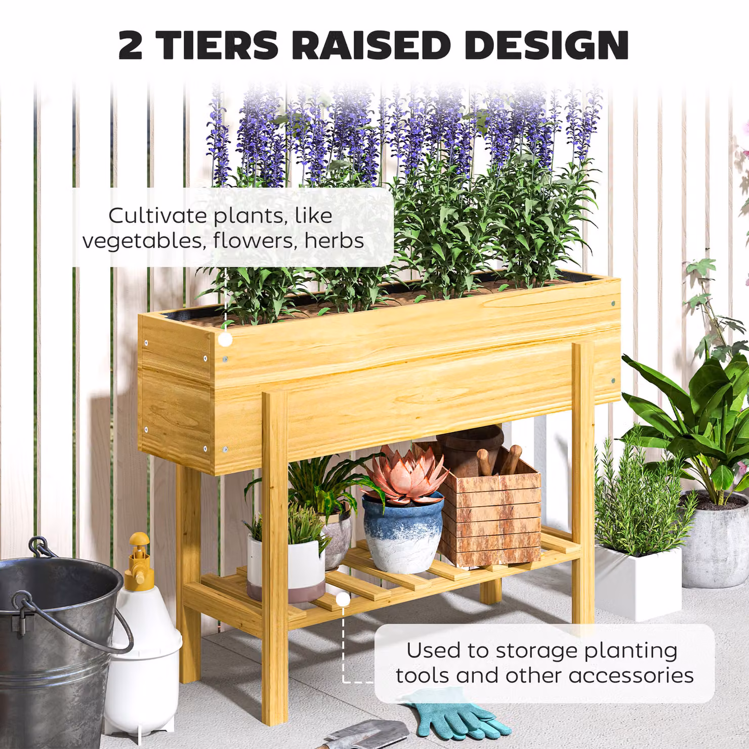 Outsunny Brown Elevated Wooden Raised Garden Bed with Shelf and Liner, W: 100 cm, H: 71 cm, D: 30 cm – 3