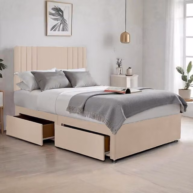Bed Time UK Plush Sawana King Size Upholstered Bed with 2 Drawers and Hybrid Memory Foam Mattress in Beige, W/D/H: 180 x 200 cm