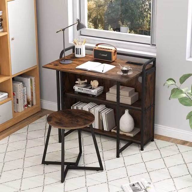 Costway Folding Computer Desk Set with Stool and AC Outlets, Brown – 1