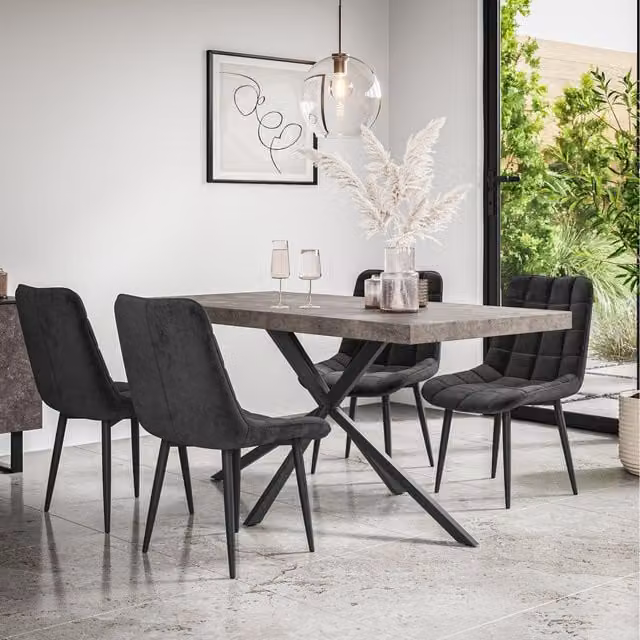 More4Homes Donni Dining Table and 6 Nova Velvet Chairs in Black and Grey with Concrete Effect