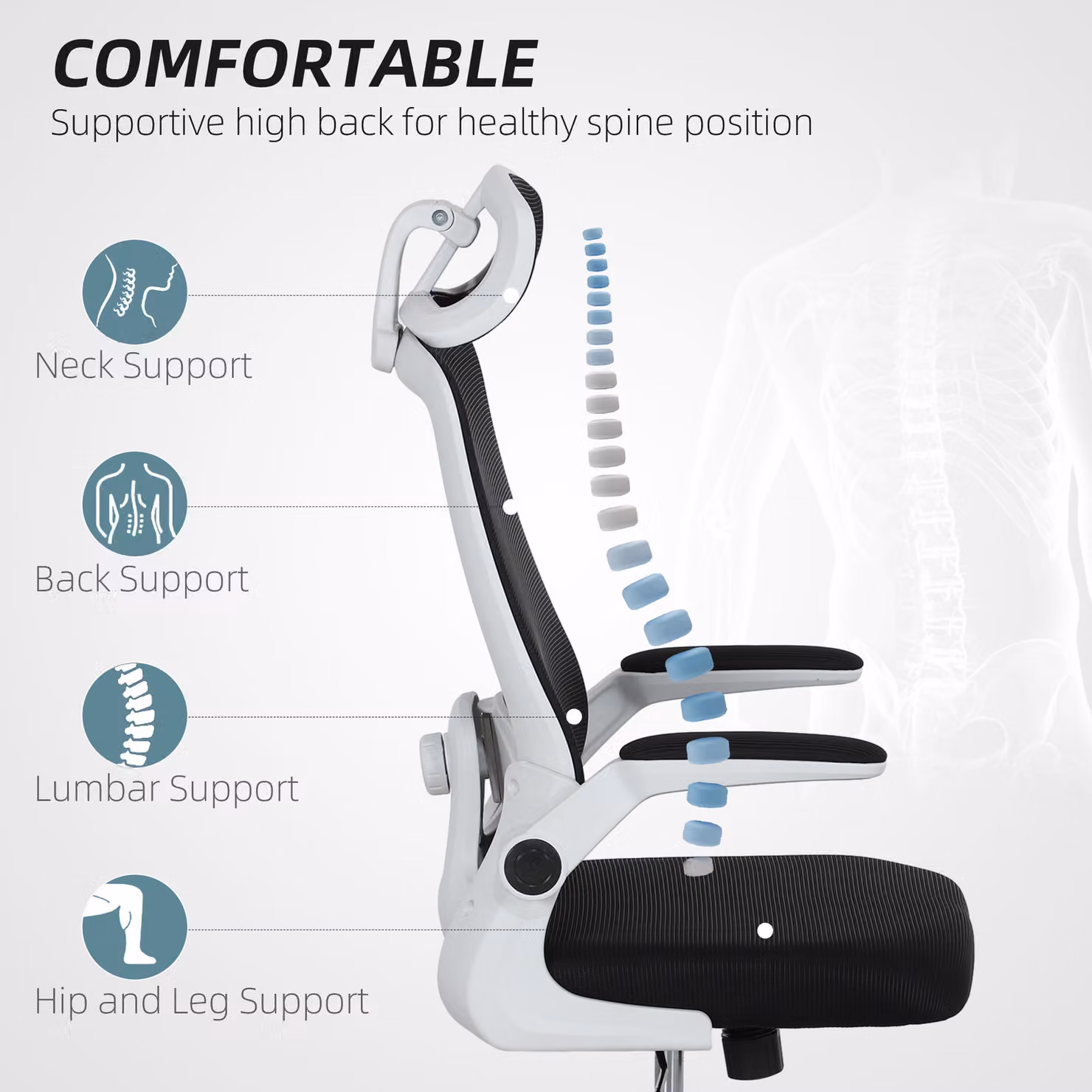 HOMCOM Ergonomic High-Back Home Office Desk Chair with Mesh, Flip-Up Arms, Rotating Headrest and Swivel Function, Black – 4