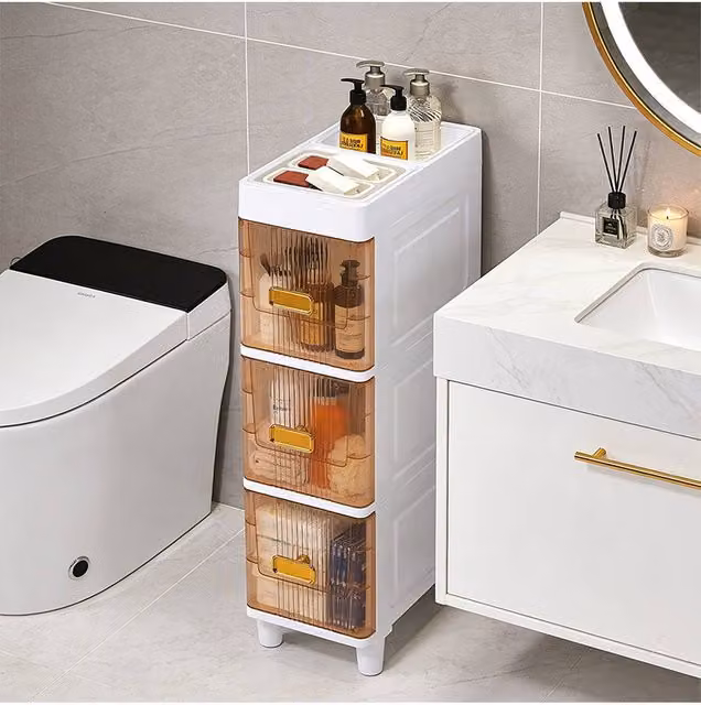 Living and Home White Plastic Narrow Storage Cabinet Drawer Organiser for Bathroom, Kitchen, Living Room or Bedroom, Medium – 1