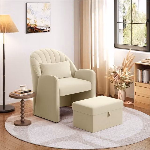 Yaheetech Velvet Tub Armchair with Storage Footrest in Beige