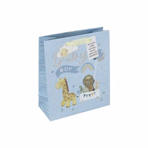 Eurowrap Blue Baby Boy Kraft Paper Gift Bag with Gift Tag, White and Blue, Medium