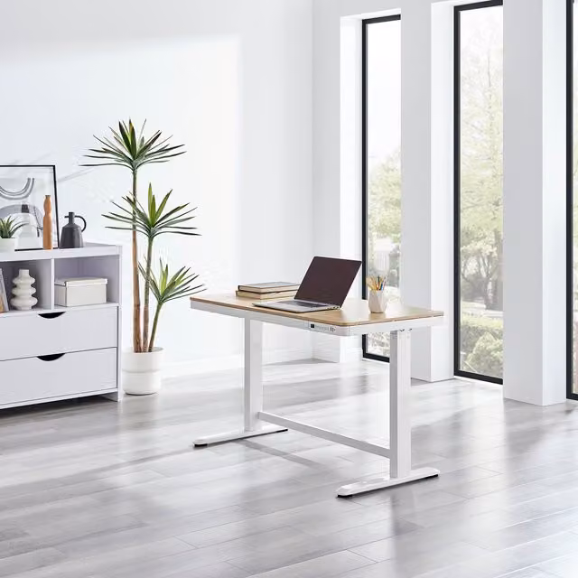 FurnitureboxUK Atticus Electric Height Adjustable Office Desk with Drawer Unit in Oak and White