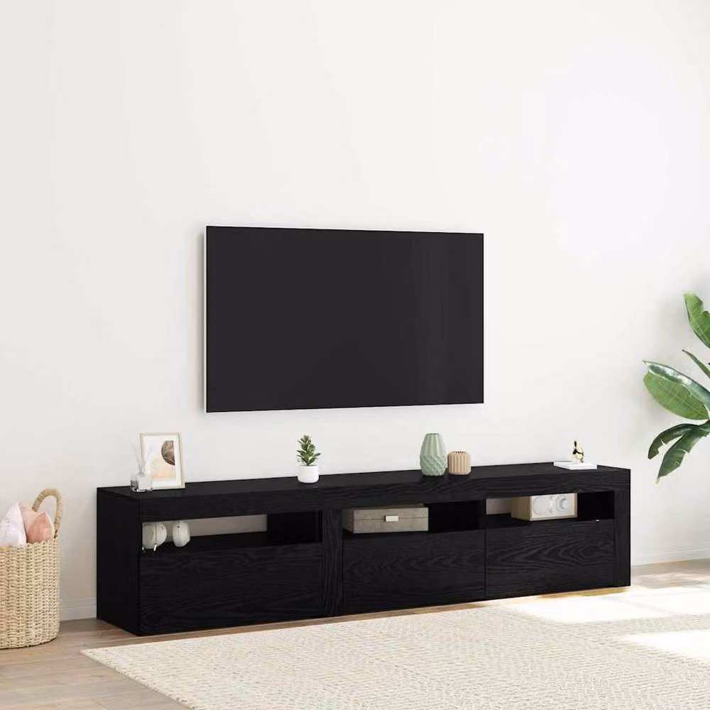 Berkfield Home Set of 2 Modern Black Oak TV Cabinets with LED Lights in Matt Engineered Wood – 2