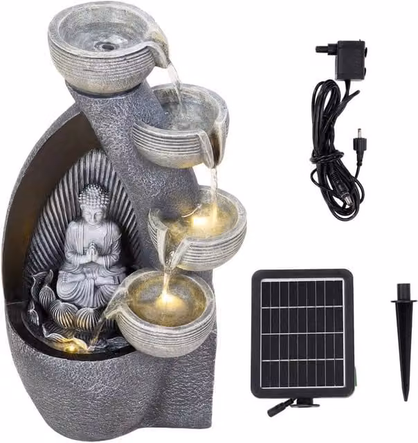 NESTLUNE Sitting Buddha Grey Stone Effect Zen Cascade Water Feature W/D/H: 100 x 15 x 15 cm – 1