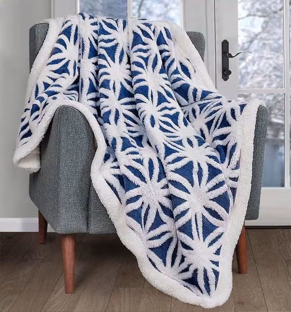 Velosso Sherpa Backed Thermal Soft Jacquard Throw Blanket in Blue, W/D/H: 125 x 150 cm