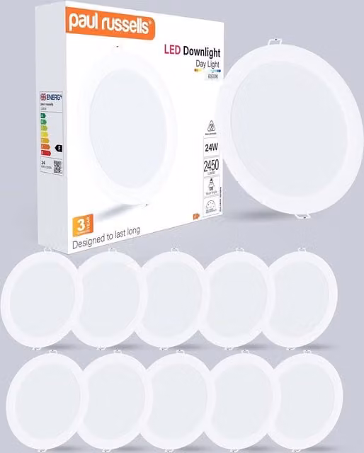 Paul Russells 24W Round Recessed LED Downlight, 2450lm, 6500K Cool White, IP20, White, W/D/H: 440 x 225 x 215 mm