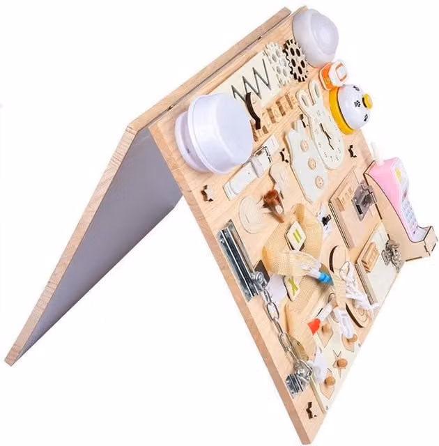 DYZI Montessori Busy Board Wooden Toddler Learning Toy in Beige, Yellow and Multicolour