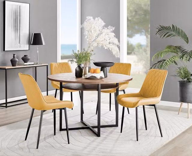 FurnitureboxUK Adley Brown Wood Round Dining Table and 4 Pesaro Mustard Chairs with Black Legs – 1