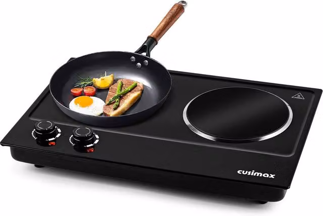 Cusimax Black and Silver 2400W Dual Burner Infrared Hot Plate with Ceramic Cooktop, W: 53 cm – 1