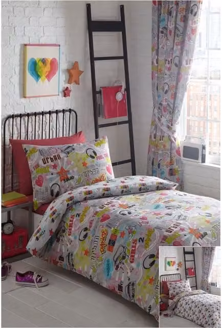HomeSpace Direct Dance Crew Reversible Urban Graffiti Graphic Duvet Cover Set in Light Grey and Multicolour