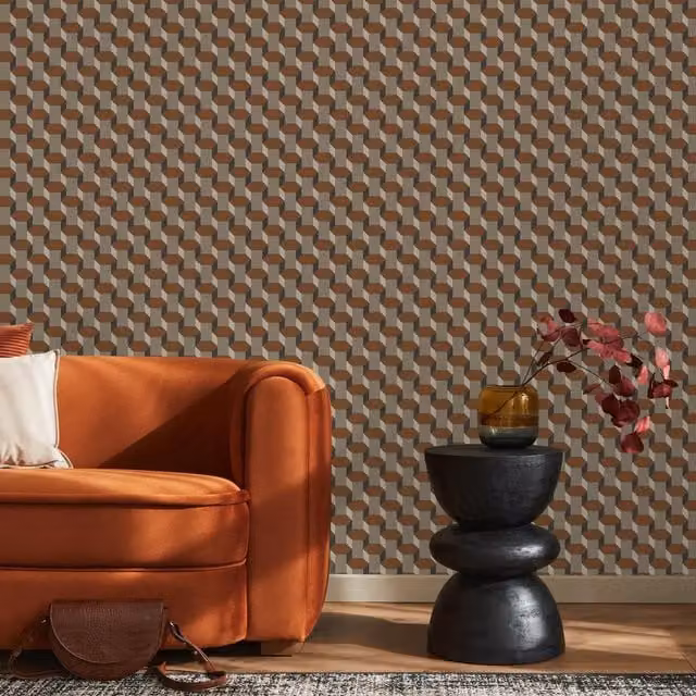 Graham & Brown Sublime Vintage Geometric Brown and White Vinyl Wallpaper, Width: 52 cm