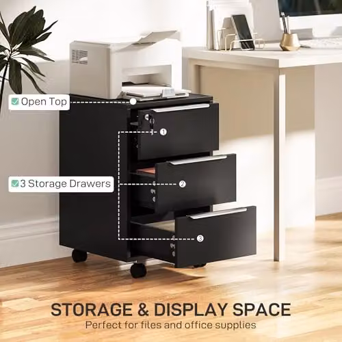 HOMCOM Modern 3-Drawer Lockable Mobile Filing Cabinet in Black, W/D/H: 40 x 40 x 63.5 cm – 3
