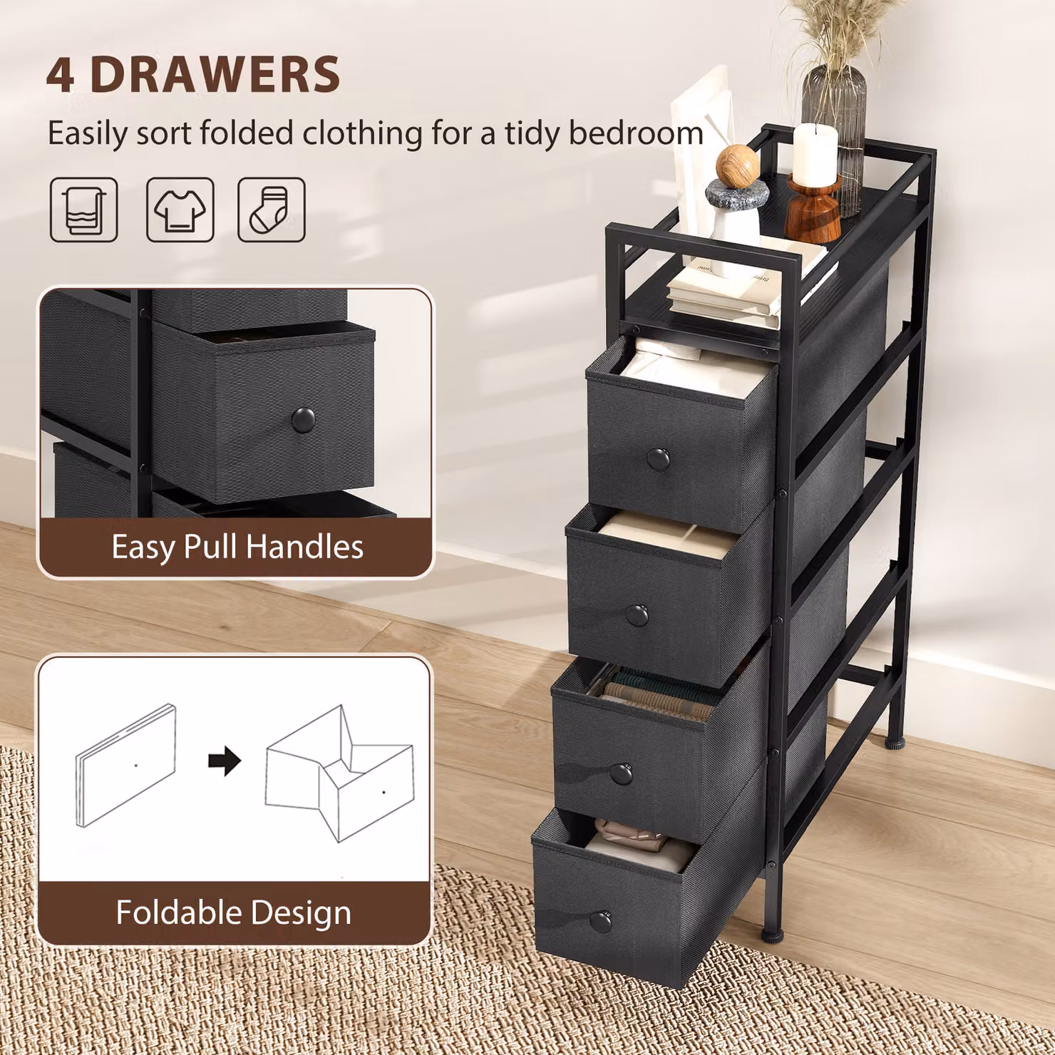HOMCOM 4 Drawer Fabric Dresser Chest of Drawers with Steel Frame, Black – 4