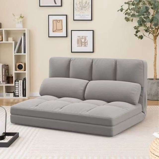 COSTWAY Grey Velvet Floor Sofa Bed with 2 Pillows and Foam Upholstery