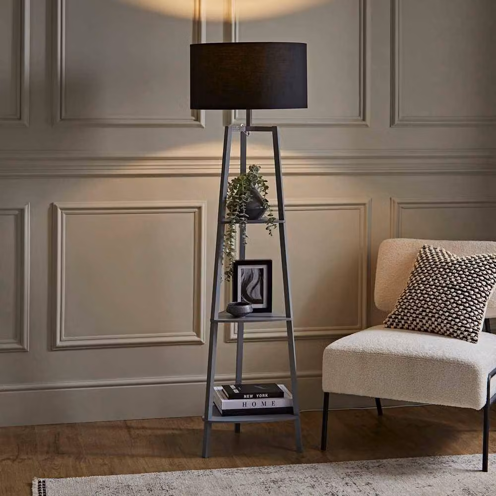 ValueLights Hiru 3 Tier Shelf Floor Lamp in Black and Grey with Large Drum Shade and Bulb Included – 2