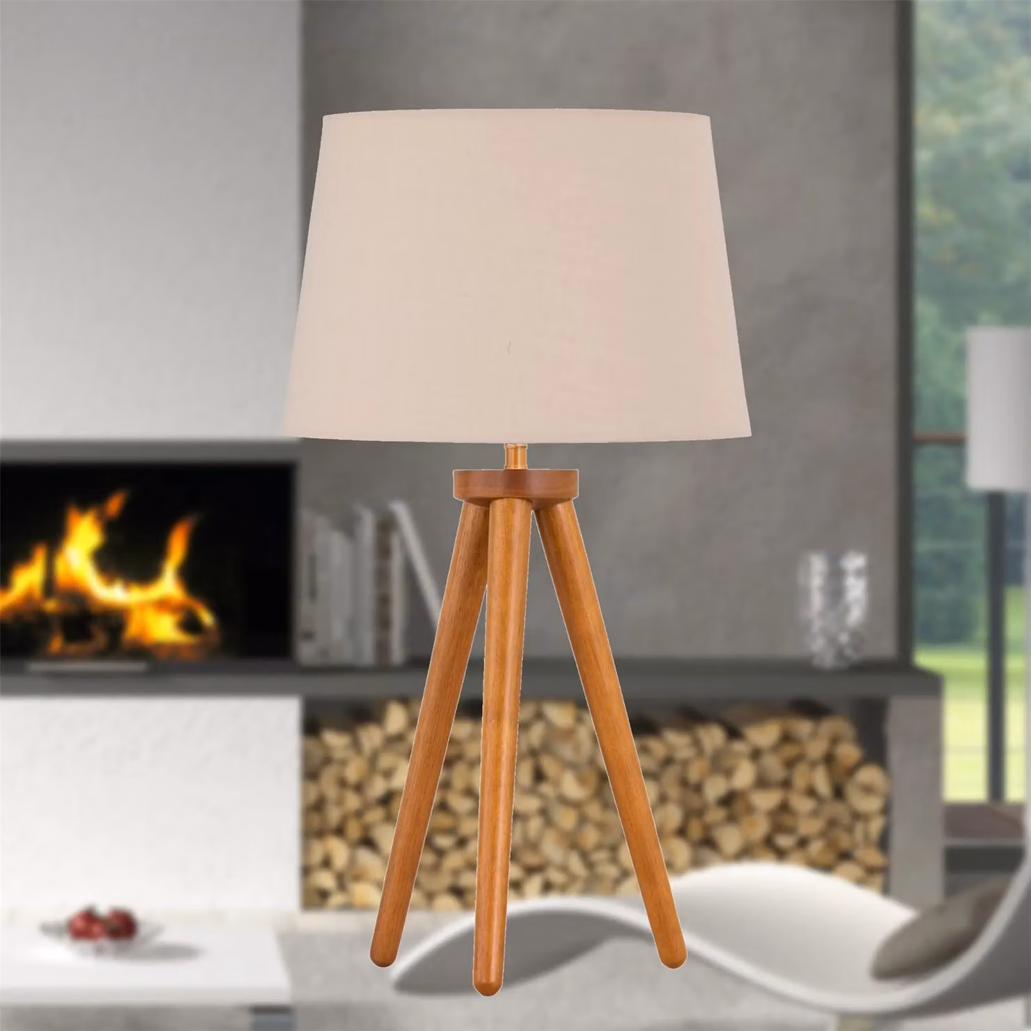 First Choice Lighting Set of 2 Brown Wood Table Lamps with Natural Fabric Shades – 2