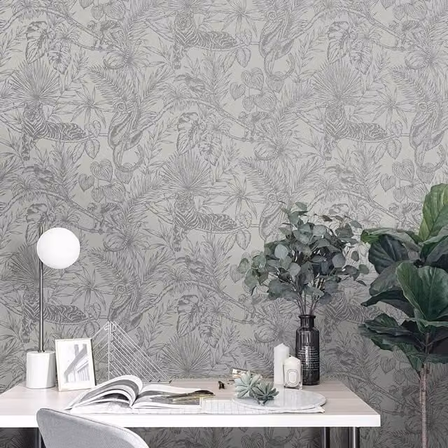 Erfurt Grey and Silver Animal Print Botanical Vinyl Wallpaper