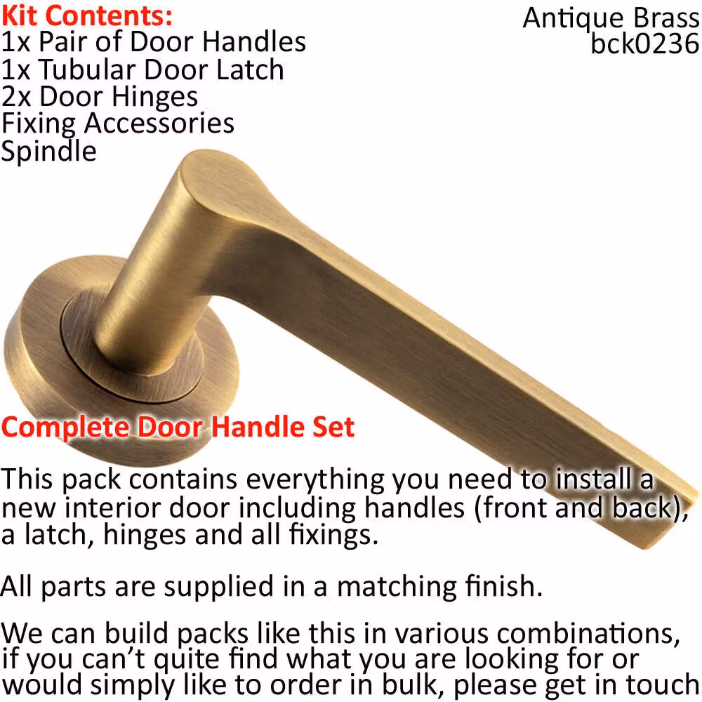 Loops Antique Brass Rounded Lever Door Handle and Latch Pack with Screwless Round Rose – 2