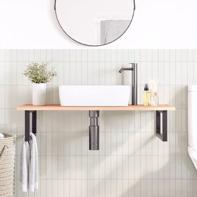 Berkfield Home Elegant Wall Mounted Basin Shelf in Light Brown Oak and Black Steel