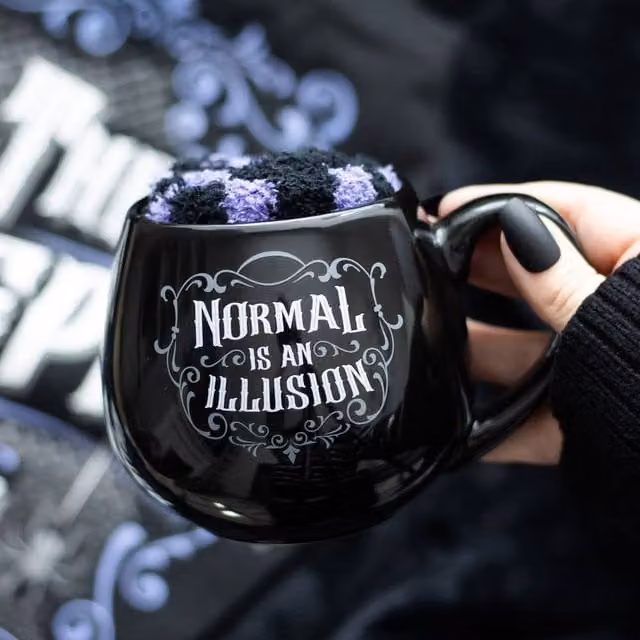 Uniqueful Normal is an Illusion Gothic Mug and Socks Set in Black and Purple, 550ml – 1