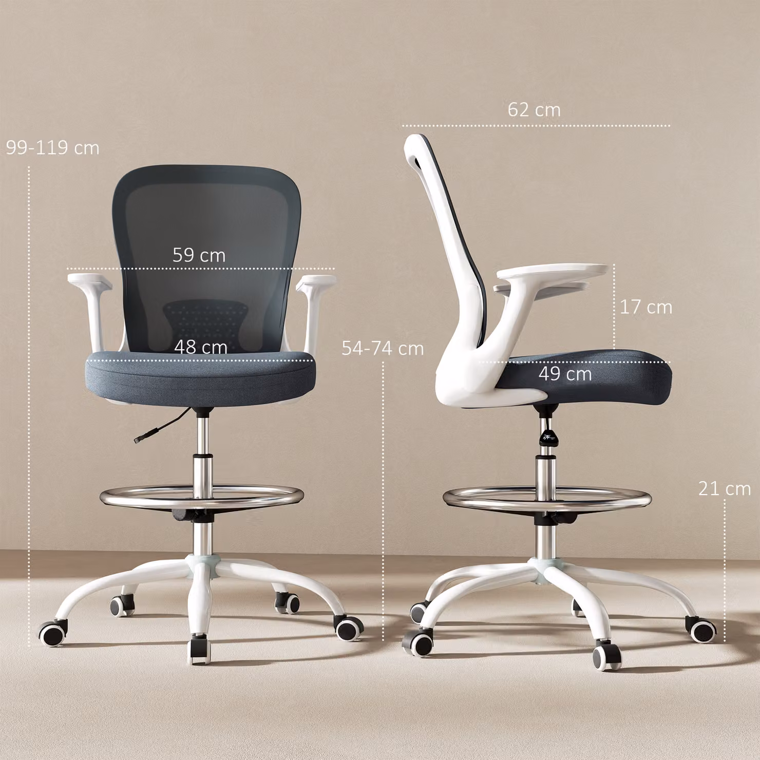 HOMCOM Grey Fabric Ergonomic Drafting Chair with Flip-up Armrests and Adjustable Foot Ring – 3