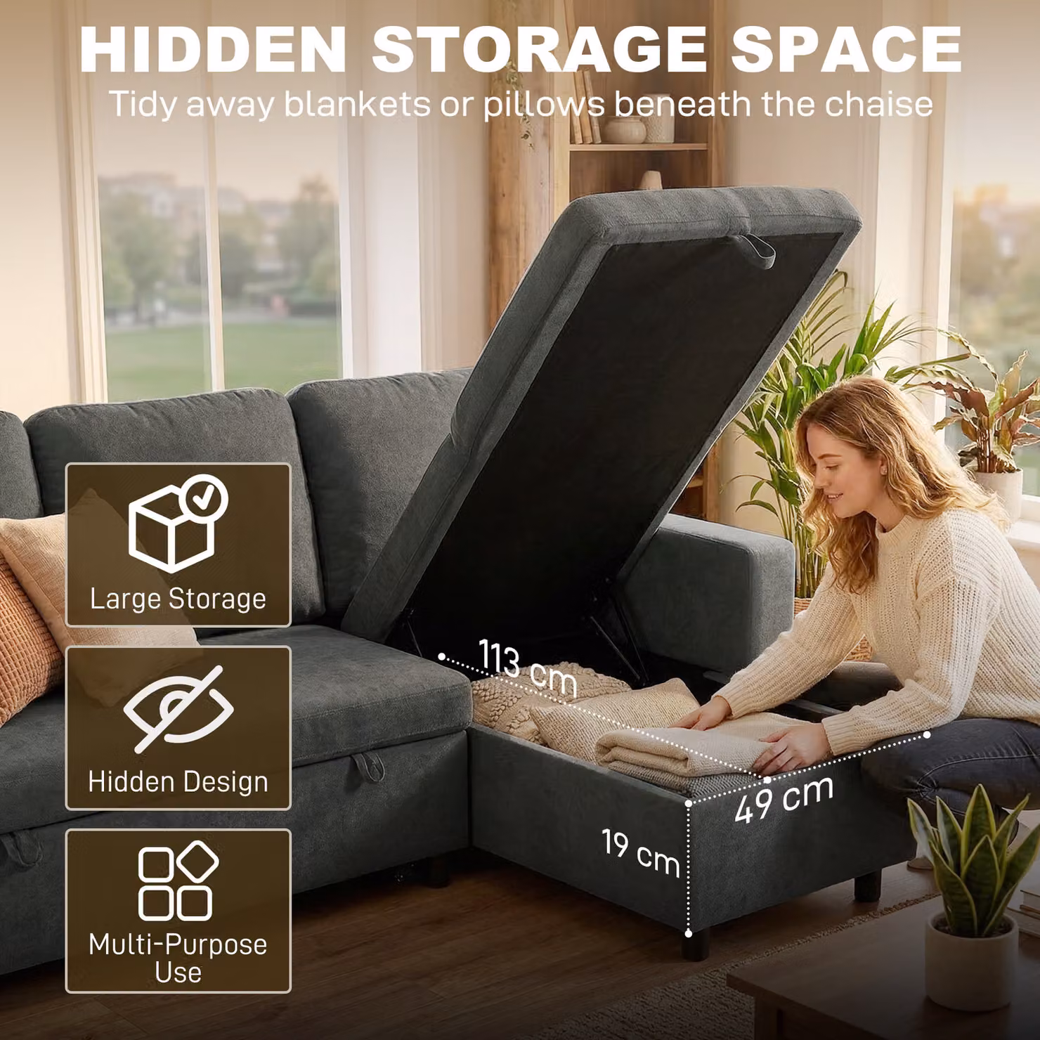 HOMCOM 3 Seater Pull Out Sofa Bed with Reversible Chaise, Storage and Side Pockets, Charcoal Grey Linen-look Upholstery – 5