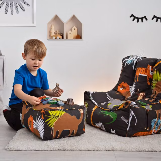 Ready Steady Bed Kids Bean Bag Chair and Footstool with Africa Print in Gold and Multicolour