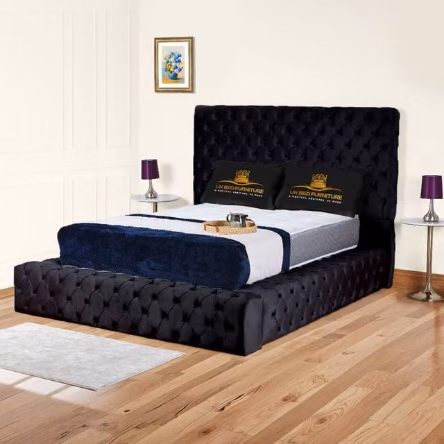 UK Bed Furniture Ambassador Single Ottoman Gas Lift Upholstered Velvet Bed in Black, W/D/H: 90 x 190 cm