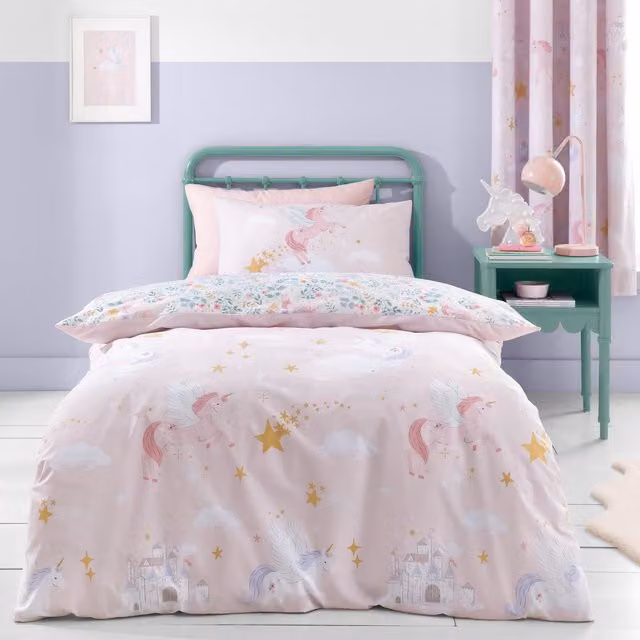 Catherine Lansfield Fairytale Unicorn Reversible Duvet Cover and Pillowcase Set, Pink, W/H: 135 x 200 cm, Pillowcase: 50 x 75 cm