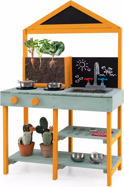 Costway Wooden Kids Kitchen Playset in Green and Multicolour