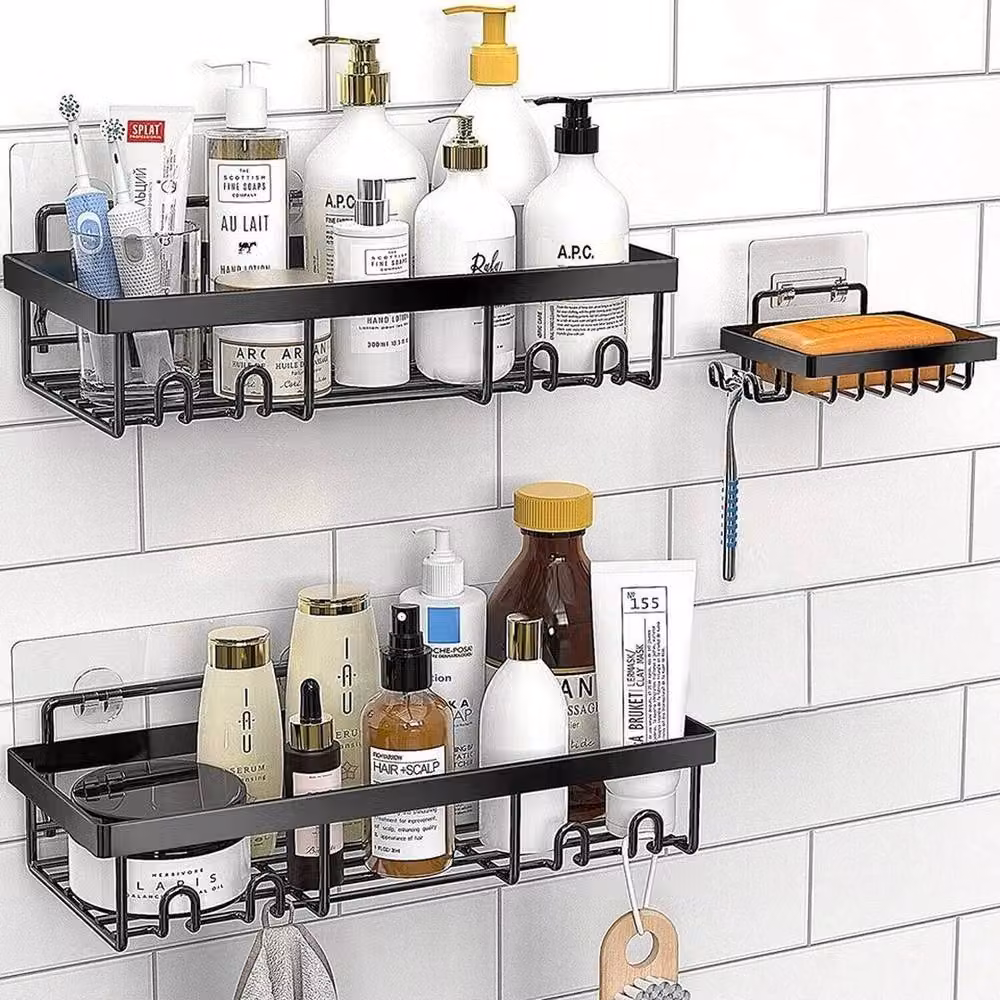 KORVIXA 3-Piece Stainless Steel Adhesive Shower Caddy Set in Black – 3