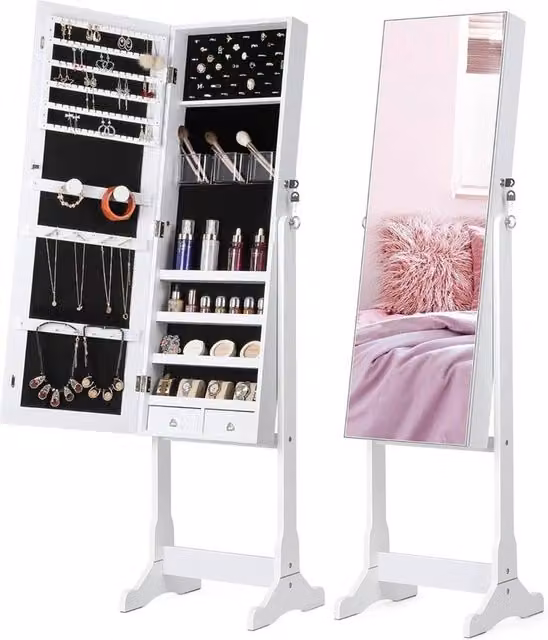 PAWNORA White Freestanding Jewelry Storage Cabinet with Mirror, Internal Drawers and Shelves – 1