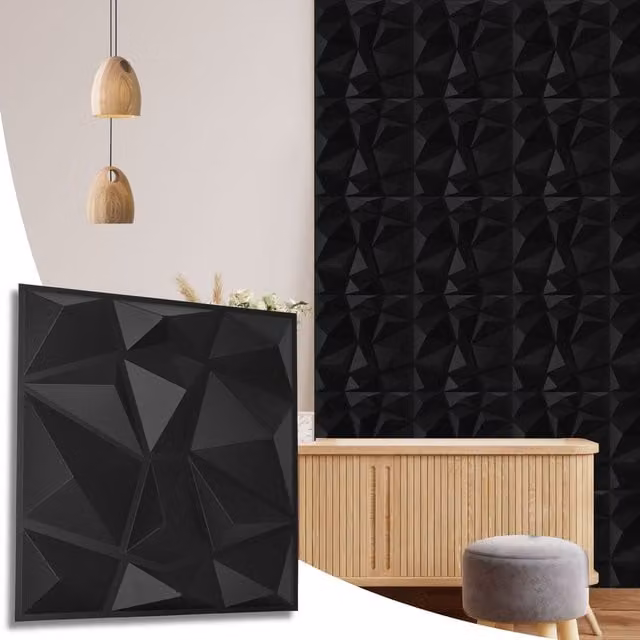 NOVECRAFTO Diamond Design 3D PVC Wall Panels, Black, W/D/H: 50 x 50 x 1.5 cm, Pack of 6