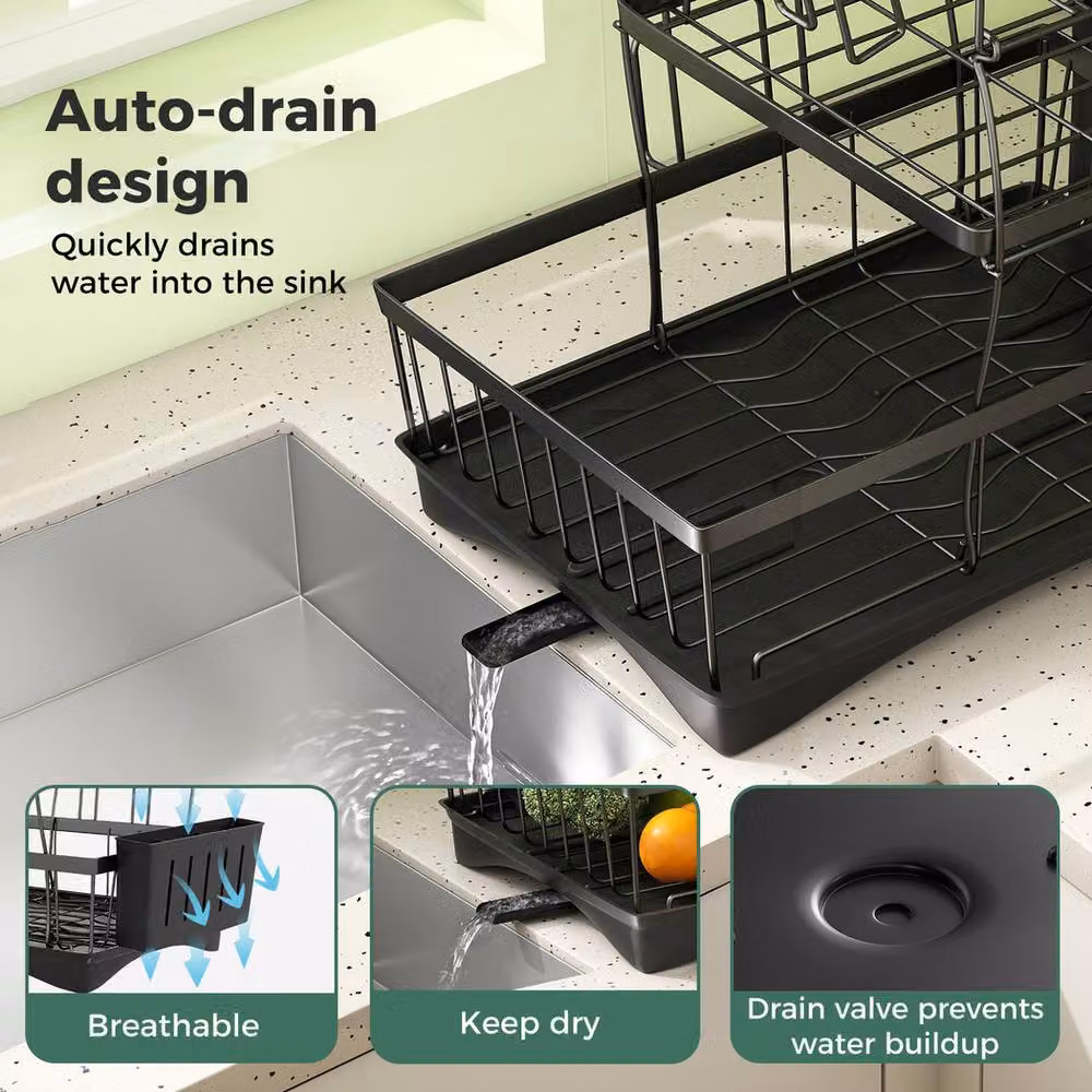 Toque 3 Tier Dish Drying Rack with Drip Tray and Cutlery Holder in Black – 3