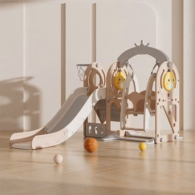 Livingandhome 3-in-1 Kids Playground Toddler Duck Theme Swing and Slide Set in Brown and Beige