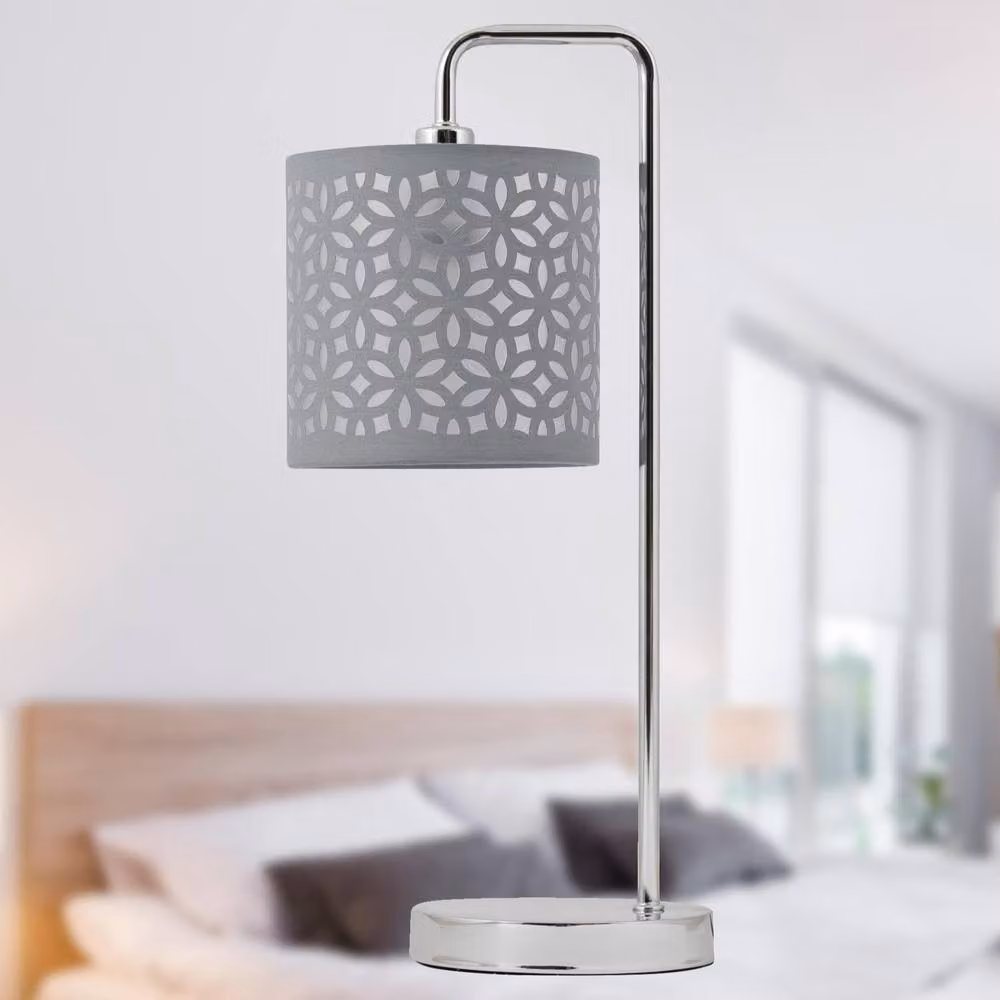First Choice Lighting Set of 2 Chrome Arched Table Lamps with Grey Cut Out Fabric Shades in Silver, Height: 46 cm – 2