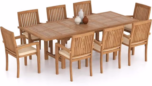 Eterna Extendable Rectangular Teak Garden Dining Table and 9 Chair Set with Cushions