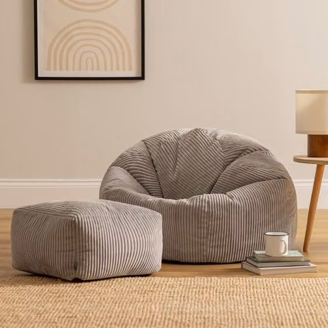 icon Kingston Cord Bean Bag and Footstool Bundle in Grey with Filling Included – 1