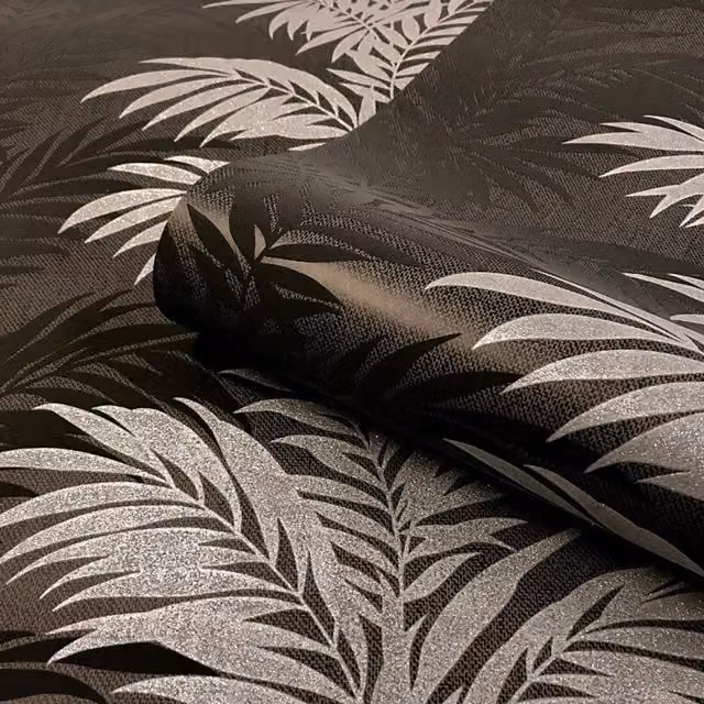Belgravia Decor Aria Fern Glitter Metallic Botanical Floral Wallpaper in Black and Silver