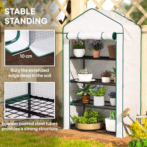 Outsunny Portable Mini Greenhouse with 4 Shelves, White, W/D/H: 90 x 49 x 160 cm – 6