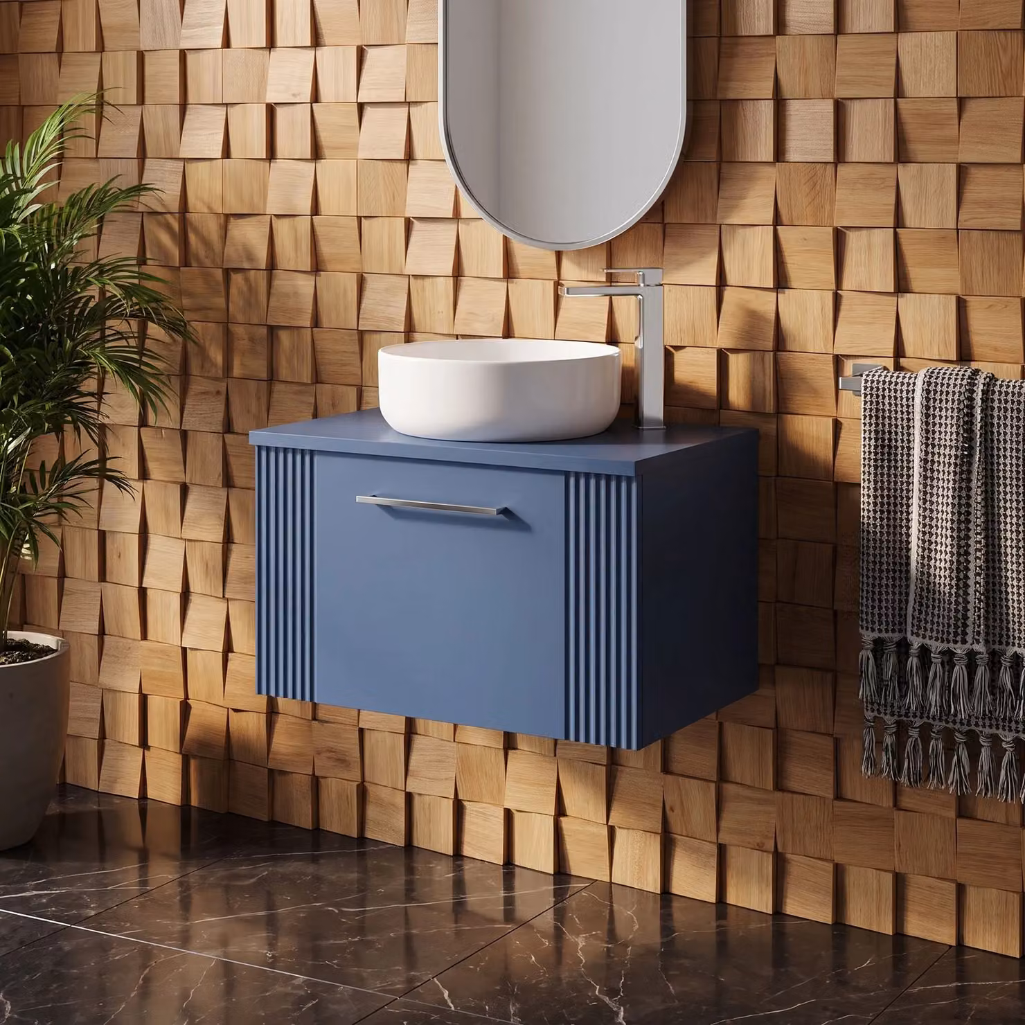 Balterley Modern Wall Mounted Bathroom Vanity Unit with Single Soft Close Drawer and Worktop, Blue, W/D/H: 60.5 x 39.0 x 37.7 cm – 2