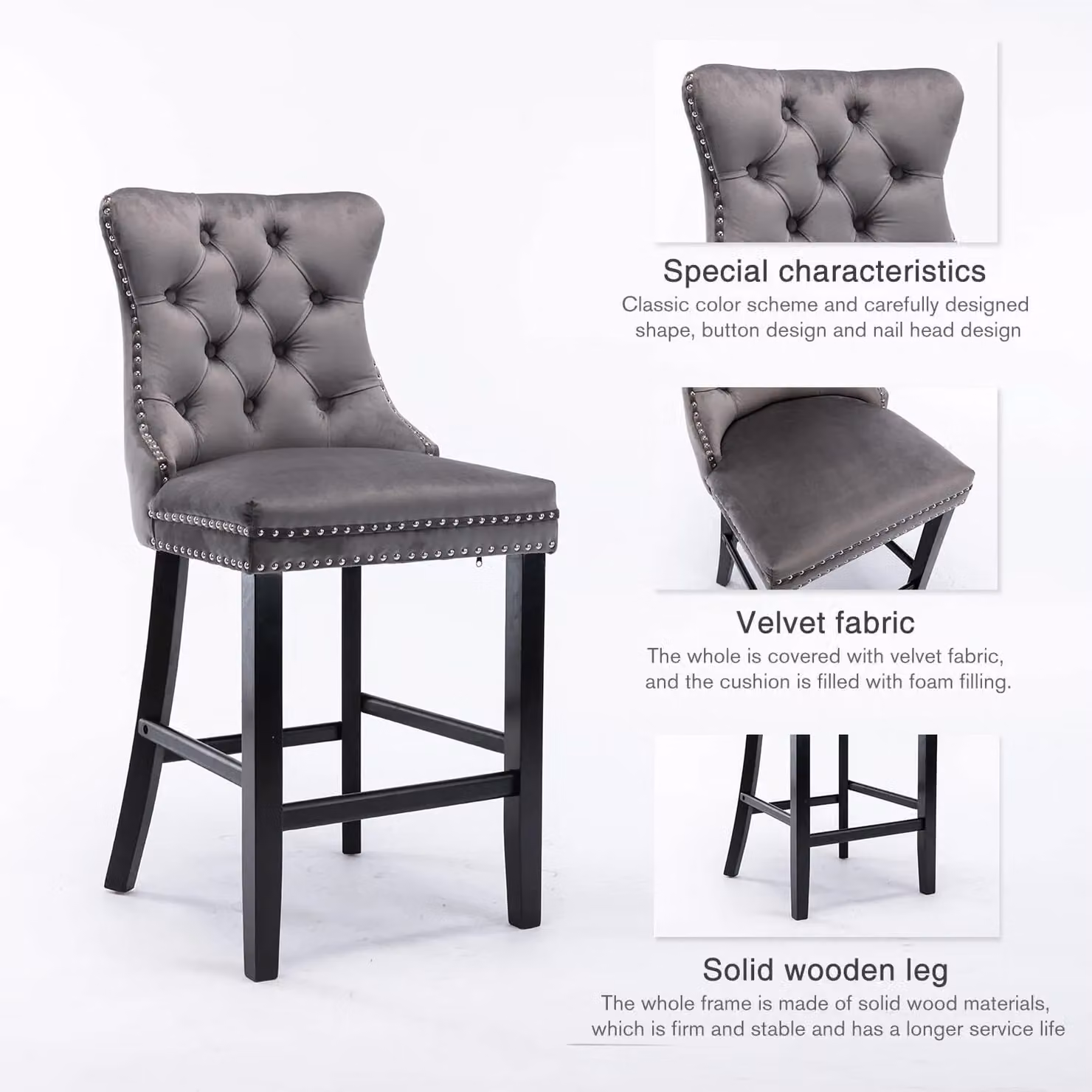 HomeTouch Lux Set of 4 Grey Velvet Upholstered Bar Stools for Kitchen Counters – 5
